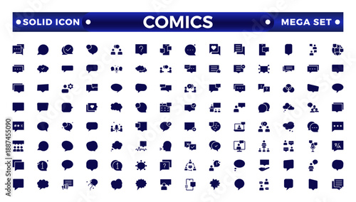 Comics solid icon set. Speech bubble solid icon big set. Talk, people, man, user, dialog, chat, cloud, etc. Talking, speaking, chatting, screaming, laughing, thinking, dreaming bubbles.
