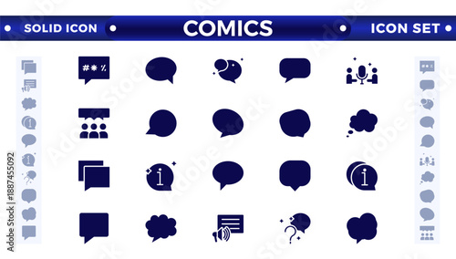 Comics solid icon set. Speech bubble solid icon big set. Talk, people, man, user, dialog, chat, cloud, etc. Talking, speaking, chatting, screaming, laughing, thinking, dreaming bubbles.