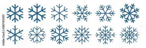 Blue Snowflake Icon Collection featuring various crystal designs isolated on a white background