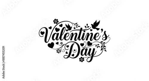 An elegant valentine s day graphic featuring ornate calligraphy delicate floral accents and charming bird silhouettes creating a festive mood