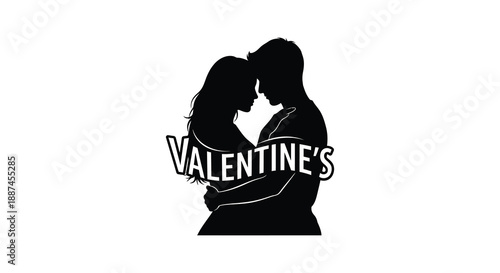 A silhouetted couple embracing closely with the word valentine s prominently displayed creating a romantic and intimate scene