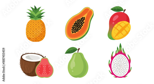 Colorful tropical fruits pineapple papaya mango coconut guava dragonfruit