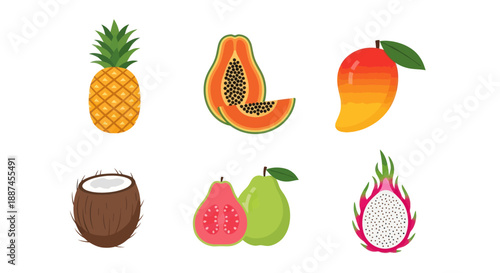 Colorful tropical fruits pineapple papaya mango coconut guava dragonfruit