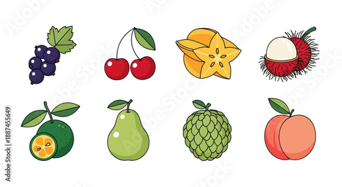 Colorful assortment of various tropical fruits in vibrant cartoon style