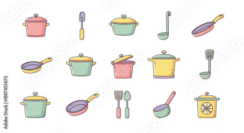 Colorful cookware collection isolated on white background for kitchen designs