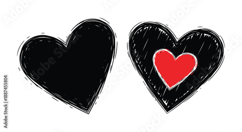 Two hand drawn hearts are displayed one solid black and the other containing a smaller vibrant red heart within