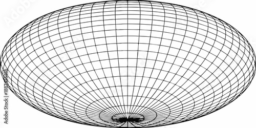 A spherical wireframe structure with converging lines and a dark center