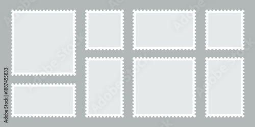 An arrangement of blank postage stamps on a light gray background
