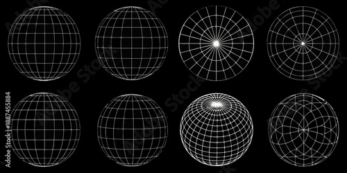 Geometric egg shapes with grid patterns and light sources displayed on black