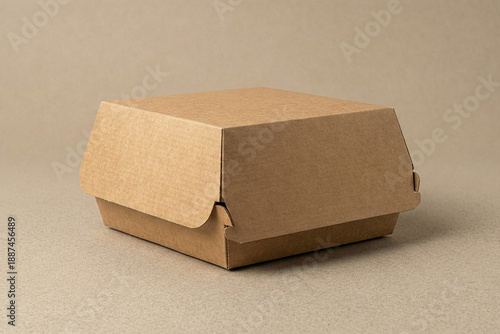 Perspective view of a closed brown cardboard burger box or clamshell food container