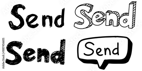 Set of doodle words send icon vector for mail apps. Ideal for hand-drawn shipping text, outgoing message signs, delivery alerts, and submit stickers.