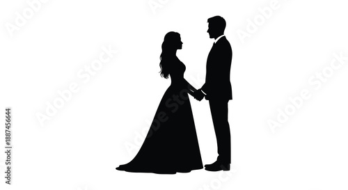 A striking silhouette of a couple in formal attire a man and woman holding hands closely together