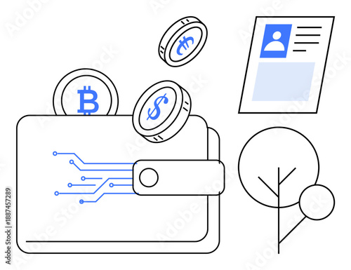 Digital wallet concept. Digital wallet storing cryptocurrency and virtual money with ID card ation. Digital wallet for secure transactions, finance management, and virtual economy solutions. Usage