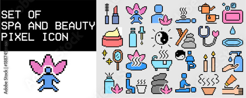 Set of beauty and spa pixel icon vector for salon games. Ideal for makeup tools, massage lotions, relax symbols, and retro 8-bit cosmetic art.