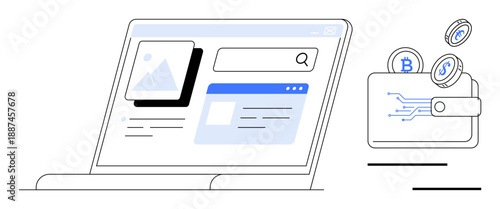 Laptop screen with online dashboard featuring search bar and image tools paired with digital wallet emitting coins. Ideal for finance, cryptocurrency, e-commerce, technology, innovation, online