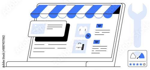 E-commerce concept. E-commerce platform with online storefront, shopping features, and optimization icons. E-commerce enhancing digital stores for better user experience and sales. For retail