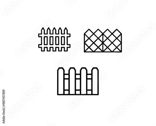 Fence line art icons set with picket fence and garden perimeter barrier outlines in black and white