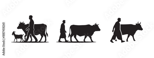 Rural Farmer Walking with Livestock Cow and Goat Silhouette Vector Illustration