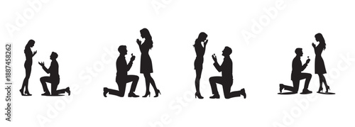 Marriage Proposal Silhouette Vector Set Romantic Couple Engagement Action Clip Art