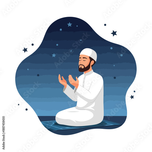 Man Praying in White Robes Kneeling.