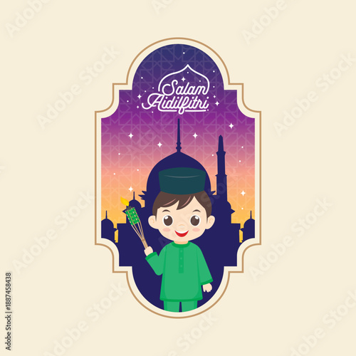 Cute Muslim boy illustration holding bamboo oil lamp with mosque silhouette at night. Salam Aidilfitri greeting vector in decorative arch frame, ideal for Eid greeting cards, posters and prints.