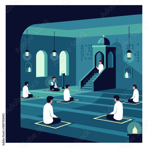 Men Praying in Mosque Interior.