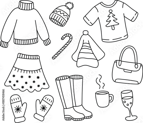 Hand drawn winter clothing and cozy lifestyle doodle set featuring sweaters boots mittens candy cane and hot cocoa for seasonal holiday coloring book vector
