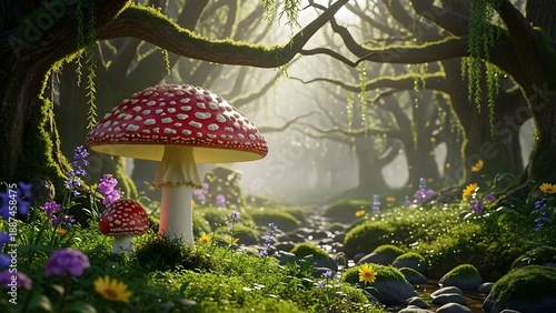Fantasy forest with mushrooms and flowers.