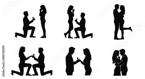 Romantic proposal scenes and couples embracing a black and white silhouette