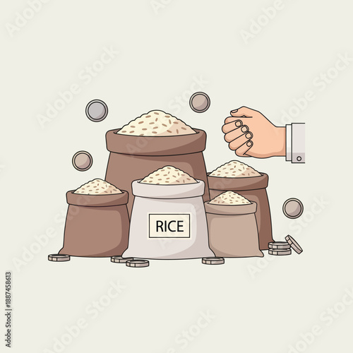 Hand holding grains near rice sacks.
