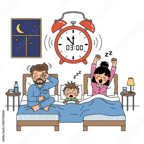 Family Waking Up to Alarm Clock.