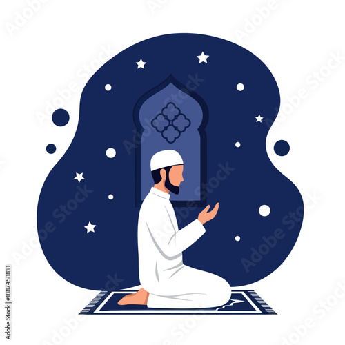 Man Praying on Prayer Mat at Night.