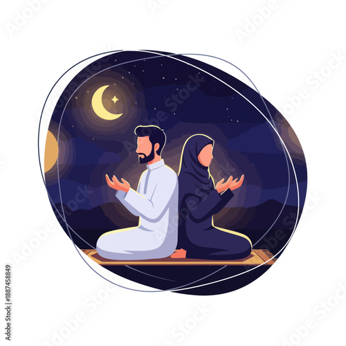 Muslim Couple Praying Together Under Stars.