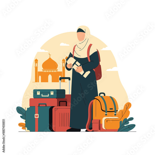 Woman in Hijab with Luggage and Backpack.