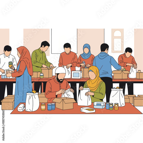 Group of People Packing Food into Bags.