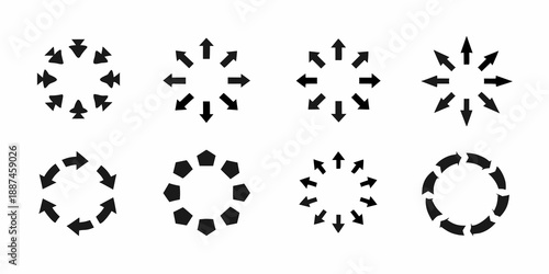 Circular arrow arrangements a collection of rotating arrow patterns in black and white