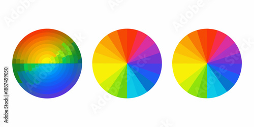 Three vibrant circular color wheels displaying a spectrum of rainbow hues