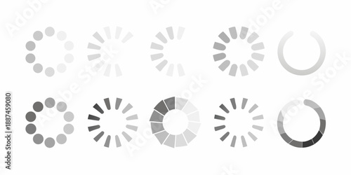 Various loading indicators and progress symbols in grayscale tones shown