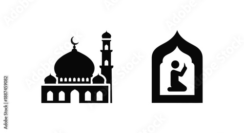 Islamic architecture and praying figure in bold black silhouette