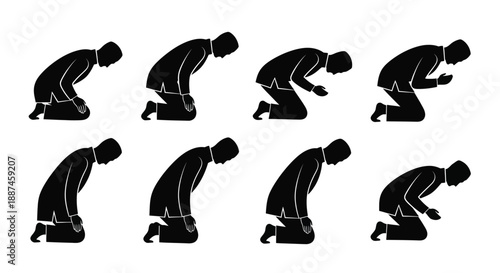 Praying figures in various poses displayed as a striking black silhouette
