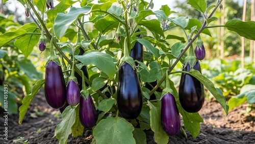 Fresh purple eggplants growing on plant.