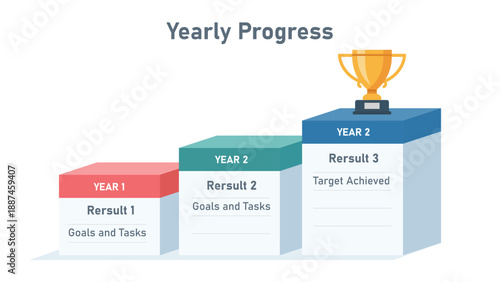 Yearly Business Progress Report with Trophy on the Highest Peak Representing Target Achievement and Profit Success