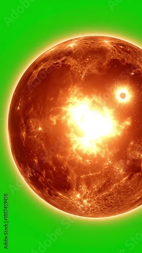 Cosmic Energy with sun 4k solar atmosphere isolated on green background close up of against screen 3d rotating loop distortion, overlay, glitch, static noise, scan lines black background, animated