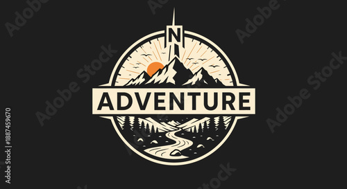 Adventure Emblem Featuring Mountains River and Forest.