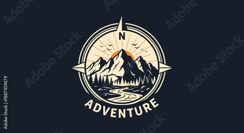 Adventure Compass Mountain River Forest Logo Design.