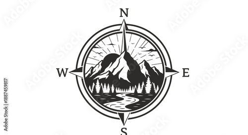 Compass Rose with Majestic Mountain Landscape and Winding River.