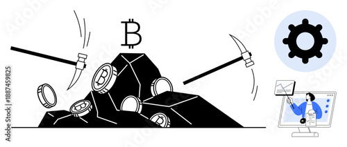 Cryptocurrency mining. Cryptocurrency mining processes with Bitcoin coins, pickaxes, and monitoring tools. Cryptocurrency offering blockchain security and mining insights. For fintech, blockchain