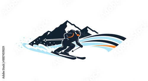 Dynamic illustration of a skier descending a snowy mountain slope.
