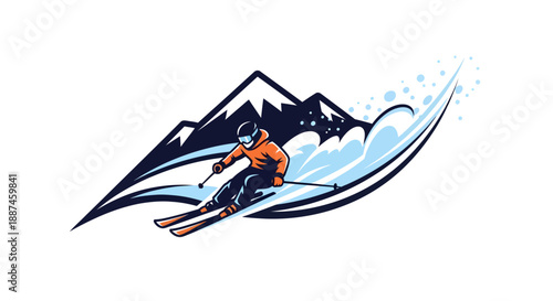 Dynamic Skier Descending Mountain Slope with Snow Spray.