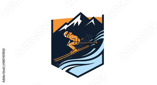 Dynamic Skier Descending Mountain Slope with Wavy Snow Design.